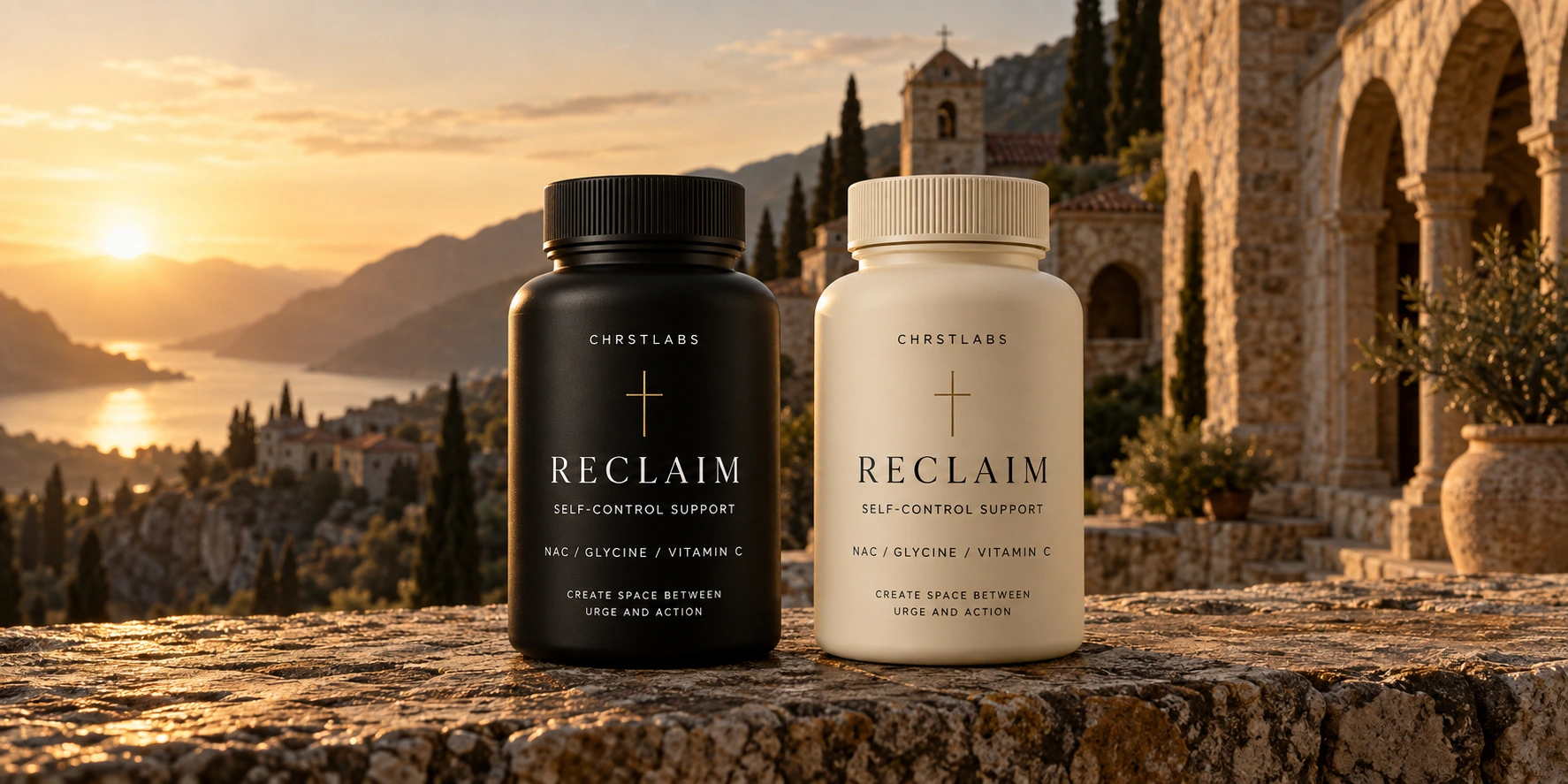 Black and cream RECLAIM bottle concepts on stone