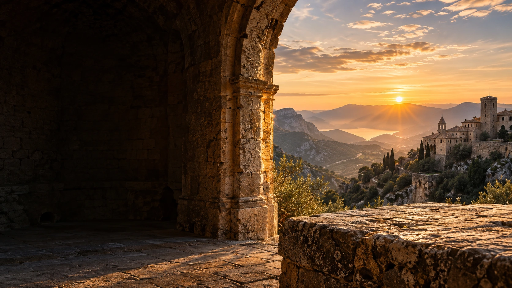 Sunlit mountain monastery seen through ancient stone arches