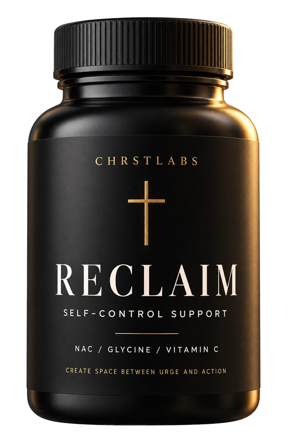 Matte black RECLAIM bottle with a gold cross and CHRSTLABS label