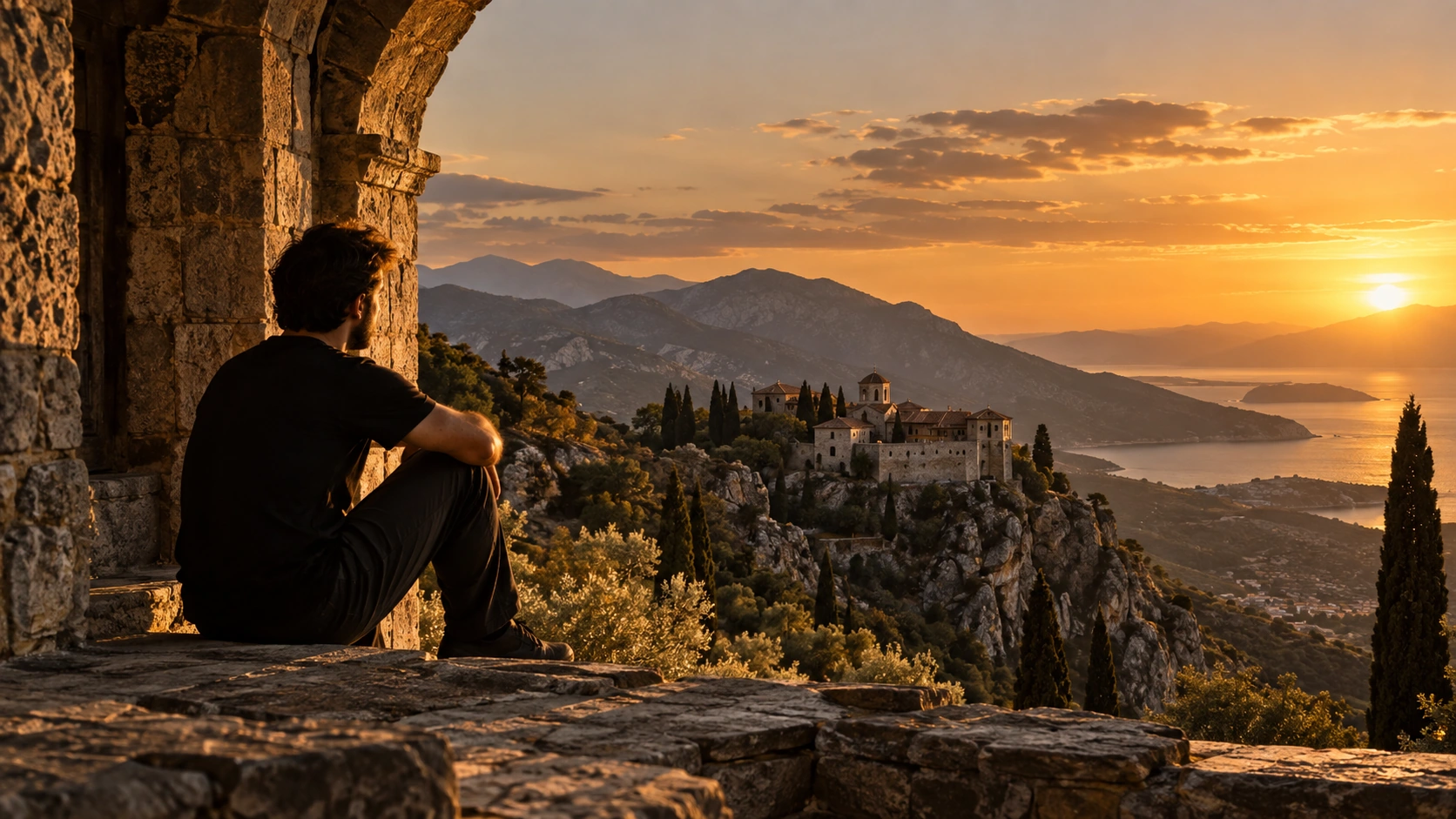 Man reflecting beside ancient stone architecture at sunset